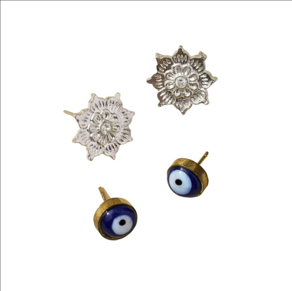 Matr Boomie Jewelry - MATR BOOMIE Drishti Evil Eye and Silver Tone Flower Charm Stud Earrings Set of 2